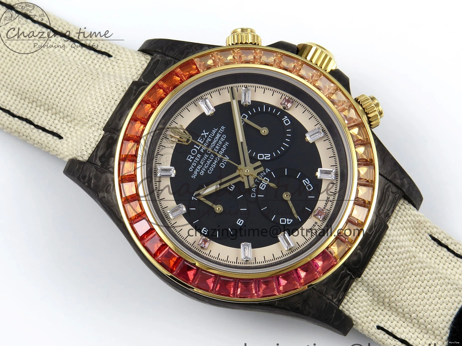 MiroTime 0513 Refined Daytona DIW Carbon Case DIWF Edition Black White Dial Orange Diamonds Bezel on White Nylon Strap A 1668